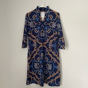 J. McLaughlin Rose Dress Women's sz M Ascot Chain Navy Equestrian Ruffled V Neck